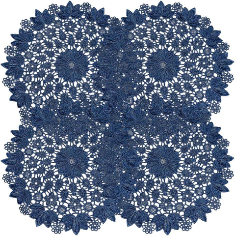 Blue embroidered heat-insulating coaster with anti slip hollow embroidery lace placemat, bowl and dish mat, ethnic style ornament（25cm） In Australia - Darrahopens