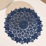 Blue embroidered heat-insulating coaster with anti slip hollow embroidery lace placemat, bowl and dish mat, ethnic style ornament（25cm） In Australia - Darrahopens