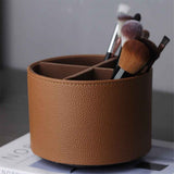 Round Leather Art Supply Organizer,Remote Control Holder,360 Degree Spinning,Multi-Functional Pencil Holder,4 Compartments Desktop Stationary Organizer（brown） In Australia - Darrahopens