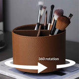 Round Leather Art Supply Organizer,Remote Control Holder,360 Degree Spinning,Multi-Functional Pencil Holder,4 Compartments Desktop Stationary Organizer（brown） In Australia - Darrahopens
