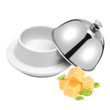 Ceramic Butter Dish with Stainless Dome Cover, Cheese Dish with Lid, Small Cheese Plate Serving Tray with Silver Handled Lid for Countertop, Dessert, Cupcake In Australia - Darrahopens