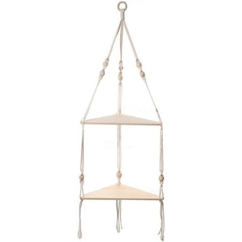 Double layer Bohemian cotton rope hand woven shelf, triangular wooden crafts, home decoration, flower pot storage(white 90*32.5cm) In Australia - Darrahopens