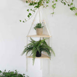 Double layer Bohemian cotton rope hand woven shelf, triangular wooden crafts, home decoration, flower pot storage(white 90*32.5cm) In Australia - Darrahopens