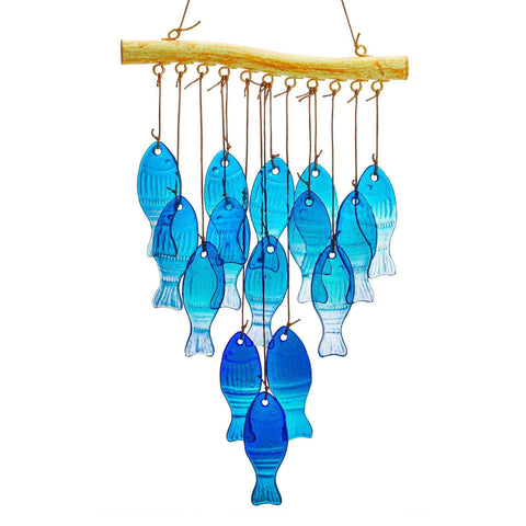 23" Blue Glass Sea Wind Chimes - Handcrafted Fish Wind Chimes for Outside, Beach Party & Wedding Decor
