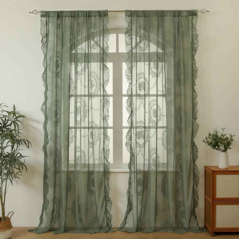 Green Lace Curtain Ruffles Sheer Curtain for Girls Bedroom Rod Pocket Voile Drapes Light Filtering Tulle for Dining Living Room, 2 Panels 140*100cm In Australia - Darrahopens