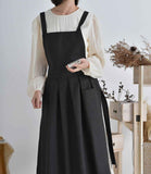 Vintage Cotton Pleated Pinafore Apron Dress with Side Ties, Midi Length, Casual Homeware Style（Black） In Australia - Darrahopens