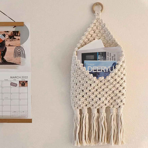 Hanging Woven Basket for Boho Home Office Decor, Over the Door Key and Mail Letter Envelope Holder for Entryway Hallway,white
