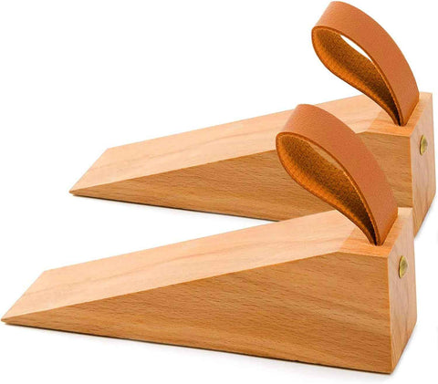 2Pack Wooden Door Stopper Non-Slip Security Wood Door Wedge with Leather Strap for Hanging Door Stopper, in House Bedroom Office Living Room Hotel Cabin（Beech wood small size） In Australia - Darrahopens