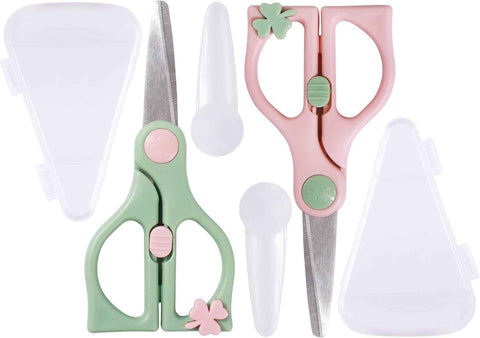 2pcs Safe stainless steel scissors for toddlers with safety lock and suitcase, the best scissors for cutting children's food, portable and healthy baby assistant (pink+Green) In Australia - Darrahopens