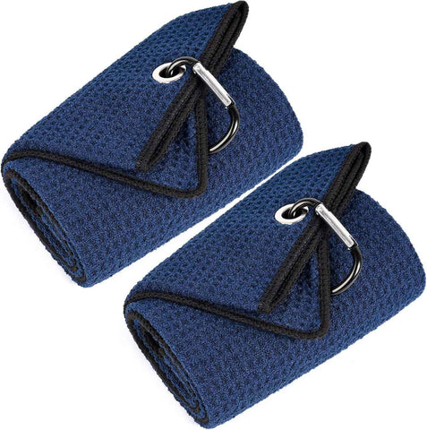 Tri-Fold Golf Towels, 2 Pack Waffle Pattern Towels Soft Fiber Strong Water Absorption with D Clip for Golf Lovers, Navy Blue In Australia - Darrahopens