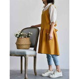 Women's cotton and linen apron with cooking and cleaning pockets, yellow, without waistband (ginger yellow) In Australia - Darrahopens
