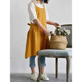 Women's cotton and linen apron with cooking and cleaning pockets, yellow, without waistband (ginger yellow) In Australia - Darrahopens