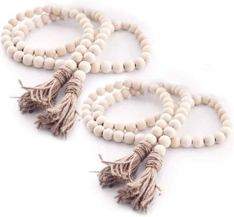 Farmhouse Beads Wood Bead Garland with Tassels Rustic Country Decor Boho Beads Big Wall Hanging Decor (2 Pack) In Australia - Darrahopens