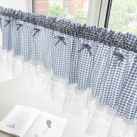 Blue and white checkered curtains, lace semi transparent kitchen curtains, living room semi curtains (blue 106 * 45cm) In Australia - Darrahopens