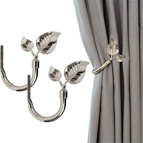 Leaf Shaped Curtain Holdbacks 2pcs, Handmade Metal Curtain Side Holders for Wall, Curtain Tieback Hook Pull Backs for Drapes Window Home Decoration（Bright nickel） In Australia - Darrahopens