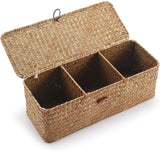 Seagrass Storage Basket with Lid Rectangular Small Woven Shelf Baskets with Sections for Organize Snack Toys Tampon（27*10*10.3cm） In Australia - Darrahopens