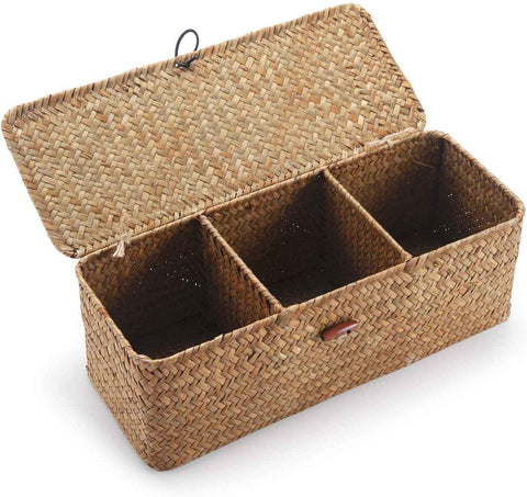 Seagrass Storage Basket with Lid Rectangular Small Woven Shelf Baskets with Sections for Organize Snack Toys Tampon（27*10*10.3cm） In Australia - Darrahopens