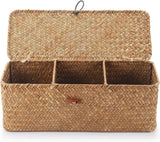 Seagrass Storage Basket with Lid Rectangular Small Woven Shelf Baskets with Sections for Organize Snack Toys Tampon（27*10*10.3cm） In Australia - Darrahopens
