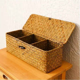 Seagrass Storage Basket with Lid Rectangular Small Woven Shelf Baskets with Sections for Organize Snack Toys Tampon（27*10*10.3cm） In Australia - Darrahopens