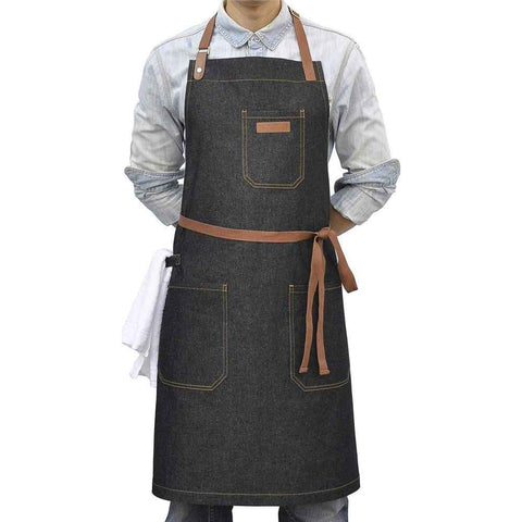 Denim Chef Apron with Pockets, Mens Womens Professional Kitchen Bib Black Apron for Cooking Grill BBQ Server, with Towel Loop and Adjustable Neck Straps In Australia - Darrahopens