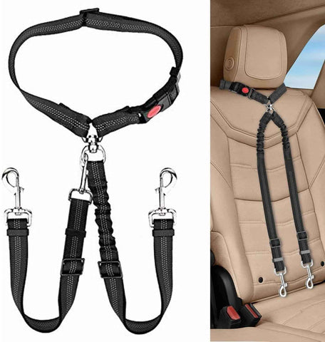 2pcs Dual Pet Car Headrest Restraint Safety Seatbelt No Tangle Dog Leash Duty Adjust Elastic Bungee Puppy Lead Splitter Connect Harness in Vehicle Travel(Black) In Australia - Darrahopens