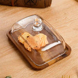Glass Butter Dish with Lid, Clear Domed Cheese Dish with Handle, Large Butter Keeper Saver with Cover for Table, Kitchen Countertop, Refrigerator（Acacia wood+lid） In Australia - Darrahopens