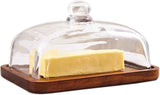 Glass Butter Dish with Lid, Clear Domed Cheese Dish with Handle, Large Butter Keeper Saver with Cover for Table, Kitchen Countertop, Refrigerator（Acacia wood+lid） In Australia - Darrahopens