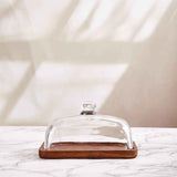 Glass Butter Dish with Lid, Clear Domed Cheese Dish with Handle, Large Butter Keeper Saver with Cover for Table, Kitchen Countertop, Refrigerator（Acacia wood+lid） In Australia - Darrahopens