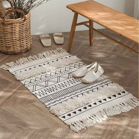 Bohemian Rugs- Cotton Braided Black and White Rug Decorative Hand Woven Front Porch Doormat with Tassel（Black and white tassel） In Australia - Darrahopens