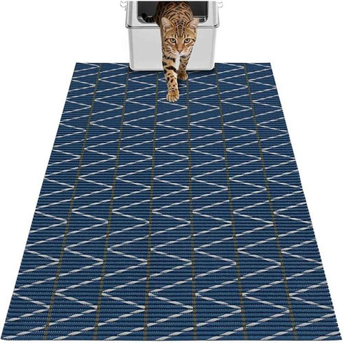 Cat Litter Mat, 103CM*64CM Trimable & Soft Foam Pad, Leak-Proof & Non-Slip Bottom, Reusable （Blue background with white stripes） In Australia - Darrahopens