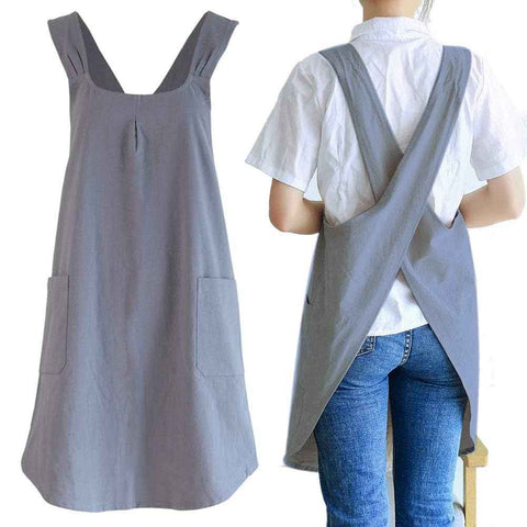 Drawing apron, female art student, artistic floral apron, coffee shop bookstore work uniform Linen Cotton Cross Back Pinafore Apron（grey） In Australia - Darrahopens