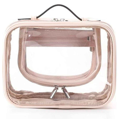 Travel Clear Toiletry Bag Makeup Bag, Cosmetics Case Toiletry Bag with Handle, Zipper Makeup Handbag Transparent Waterproof Large Capacity Storage Organizer for Women Girls（Pink） In Australia - Darrahopens