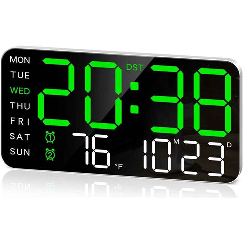 Large Digital Wall Clock, Led Alarm Clock with Big Digits, Date, Temperature, DST, Modern Decor Design for Desk,Brightness for Room, Bedroom, Gift, Yougster and Elderly(White shell green light) In Australia - Darrahopens
