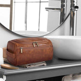 Toiletry Bag for Men, Hanging Travel Shaving Dopp Kit for Men and Women, Water-resistant Toiletries Organizer Bags, PU Leather Cosmetic Bags for Makeup Accessories (Light Brown) In Australia - Darrahopens