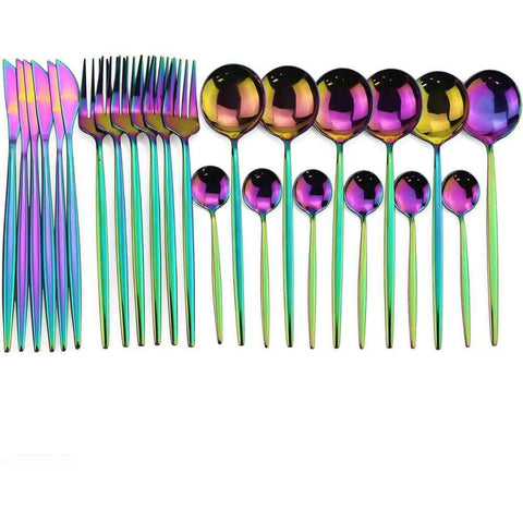 24-Piece Flatware Set, Stainless Steel Knife Fork Spoon Teaspoon Silverware Set, Service for 6, MIrror Rainbow In Australia - Darrahopens