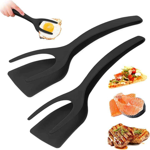 2 pack Kitchen Cooking Spatula, 2 in 1 Egg Silicone Fried Egg Grip Flip Tongs Double Sided Turner Multi Purpose Non stick Kitchen Shovel for Bread Fish Pancake Toast（black） In Australia - Darrahopens