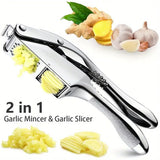 Garlic press and slicer 2 in 1,Effortlessly Crush, Slice, and Mince Garlic,with this Versatile Kitchen Tool - Perfect for Home Cooks and Professional Chefs Alike. (Silvery)