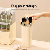 Makeup Brush Holder with Lid,4 Slots Makeup Brush Organizer,Automatic Lifting Makeup Cosmetics Organizer,for Vanity Decor,Bathroom Countertop,Dustproof Cosmetic Brushes Container(Cream yellow)