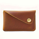 Handmade Grain Leather Card Wallet - Hand Stitched Rounded Corner Card Holder, Slim Snap Closure Minimalist Card Case Artisan Crafted Wallet (Brown)