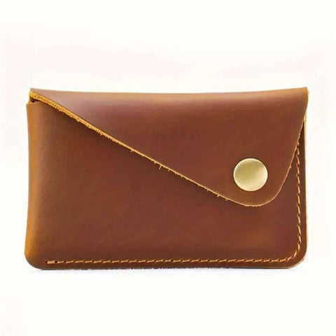 Handmade Grain Leather Card Wallet - Hand Stitched Rounded Corner Card Holder, Slim Snap Closure Minimalist Card Case Artisan Crafted Wallet (Brown)