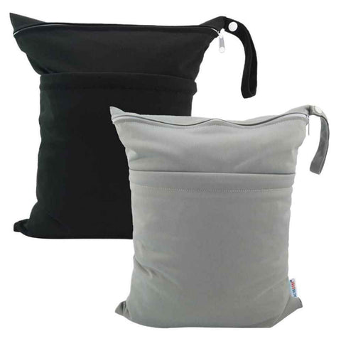 2pcs Superior Waterproof Wet Dry Bags,Reusable Two Zippered Pockets, baby cloth diaper wet bags,Travel,Beach,Pool,Daycare,Soiled Items,Yoga Gym Bag,wet bag for swimsuit Black&Grey