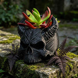 3D-printed horned skull flower pot, succulent plant pot, black.