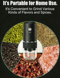 Black electric coffee grinder, automatic spice grinder, rechargeable, salt grinder, pepper grinder, adjustable coarseness, detachable design, kitchen tool.