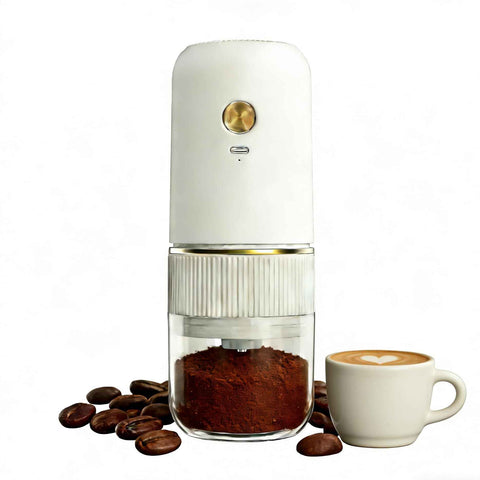 White electric coffee grinder, automatic spice grinder, rechargeable, salt grinder, pepper grinder, adjustable coarseness, detachable design, kitchen tool. In Australia - Darrahopens