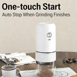 White electric coffee grinder, automatic spice grinder, rechargeable, salt grinder, pepper grinder, adjustable coarseness, detachable design, kitchen tool.