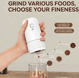 White electric coffee grinder, automatic spice grinder, rechargeable, salt grinder, pepper grinder, adjustable coarseness, detachable design, kitchen tool.