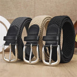 Unisex stretch grey woven canvas belt with pin buckle, suitable for jeans, casual pants, shorts and casual wear.