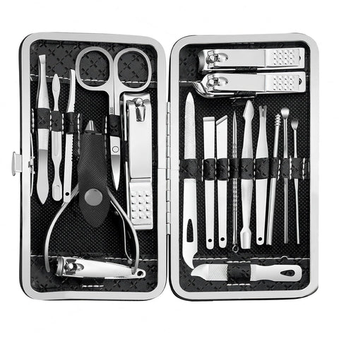 19 piece black nail care set stainless steel beauty set with plant printing bag, including scissors, tweezers, nail files In Australia - Darrahopens