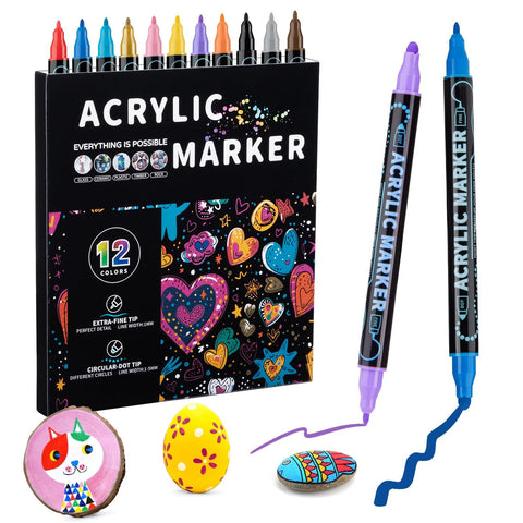 12 color acrylic paint markings, double pointed, with 1mm ultra-fine and 1-5mm point tips, waterproof, non-toxic, suitable for rocks, glass, ceramics In Australia - Darrahopens