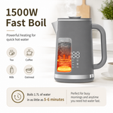 Gray electric kettle, 1.7L stainless steel kettle, 1500W rapid heating, with LED display, adjustable temperature, double-walled anti-scalding design, automatic power-off function, black. In Australia - Darrahopens